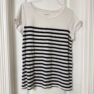 LOFT Navy White Striped short cuffed sleeve tee 100% cotton Size L